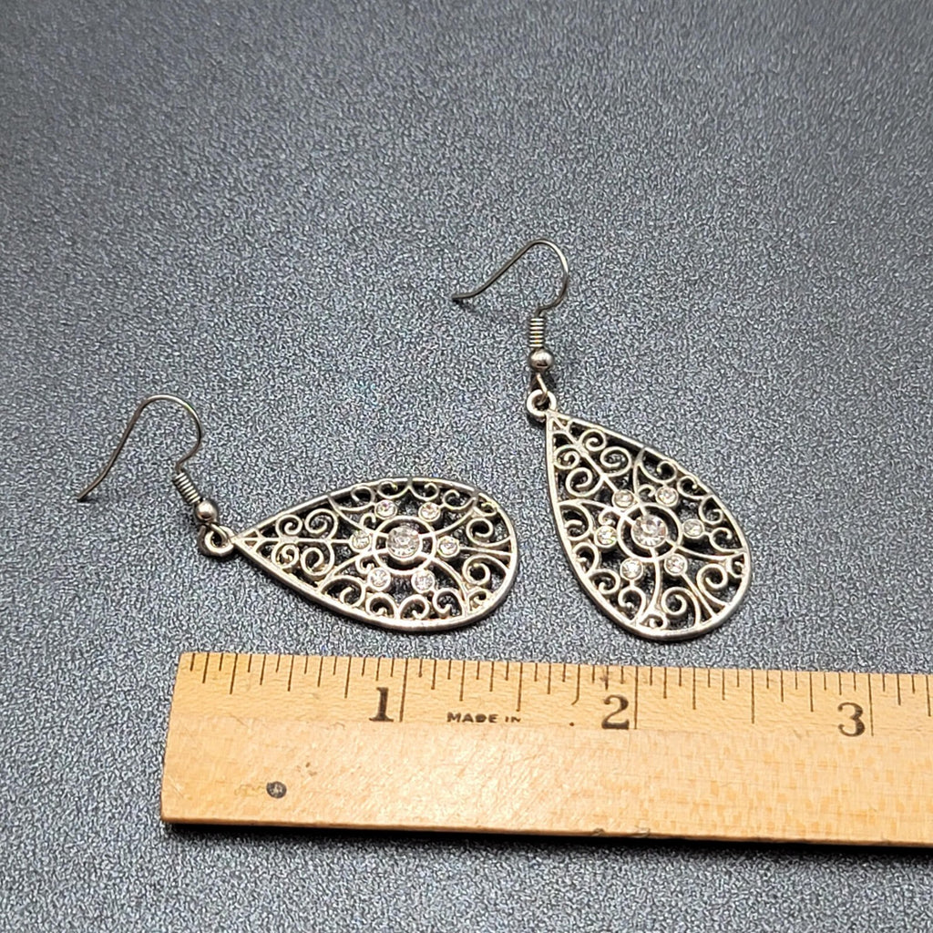 Pierced Earrings Silver tone Rhinestone Open Work Teardrop Dangle 1.25"