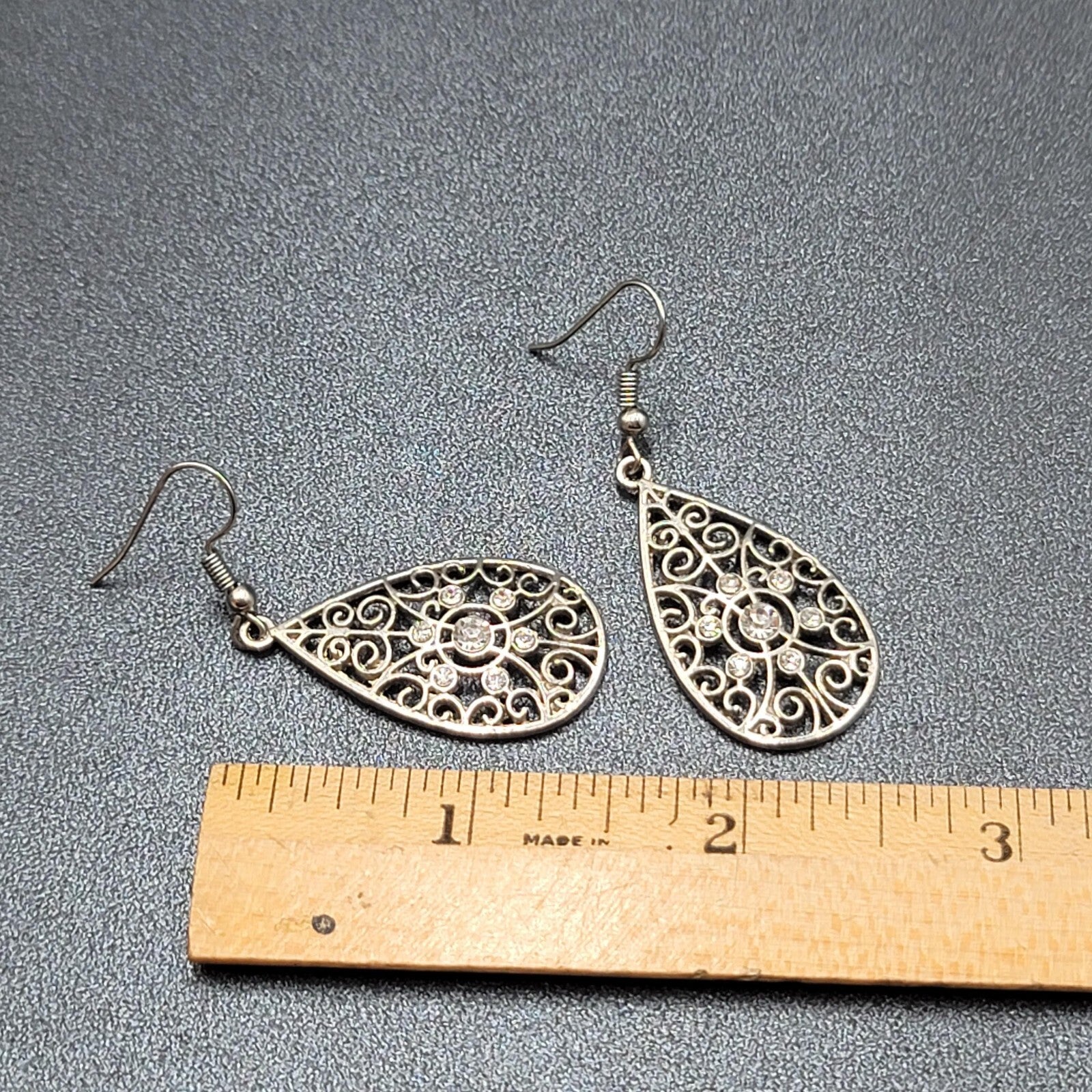 Pierced Earrings Silver tone Rhinestone Open Work Teardrop Dangle 1.25"