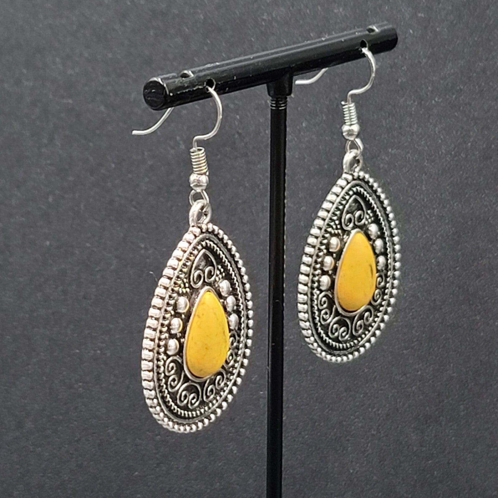 Boho Pierced Earrings Silver tone Yellow Black Center Dangle 1.5"