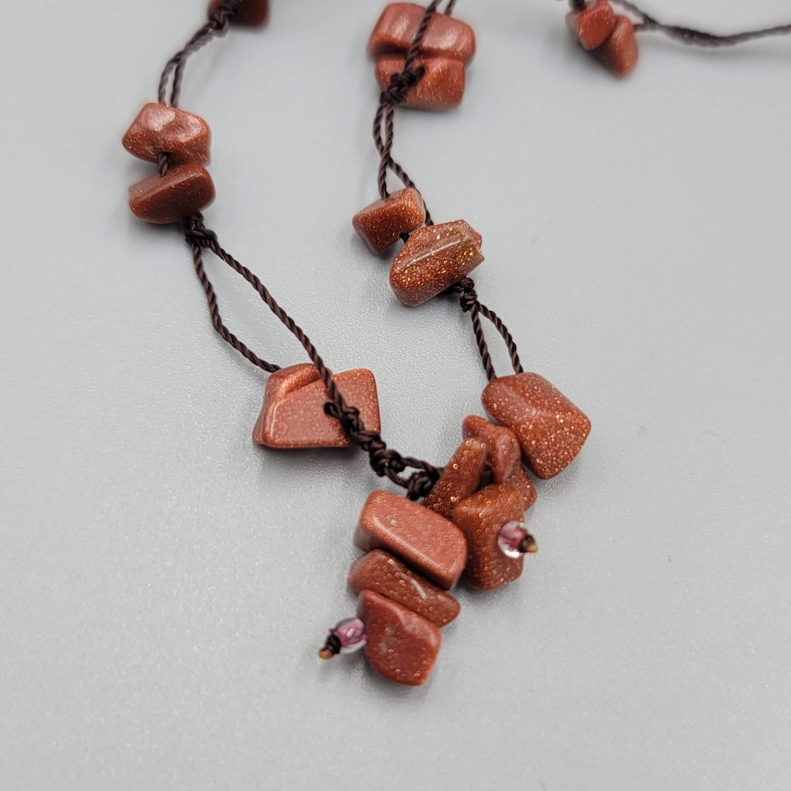 Gold Sandstone Chip Beads Necklace Hand Knotted Cord 18''