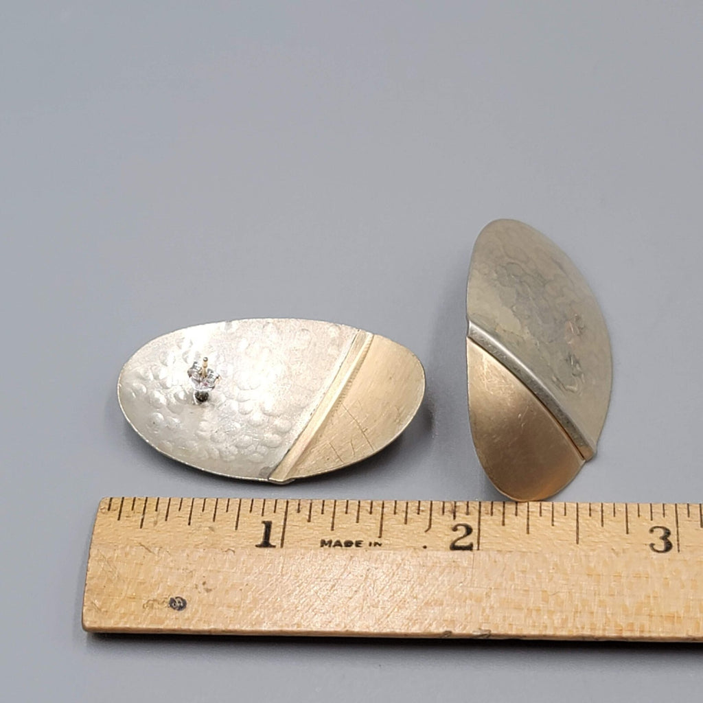 Pierced Earrings Hammered Silver and Gold tones Oval Drop Gold Filled Posts 1.5"