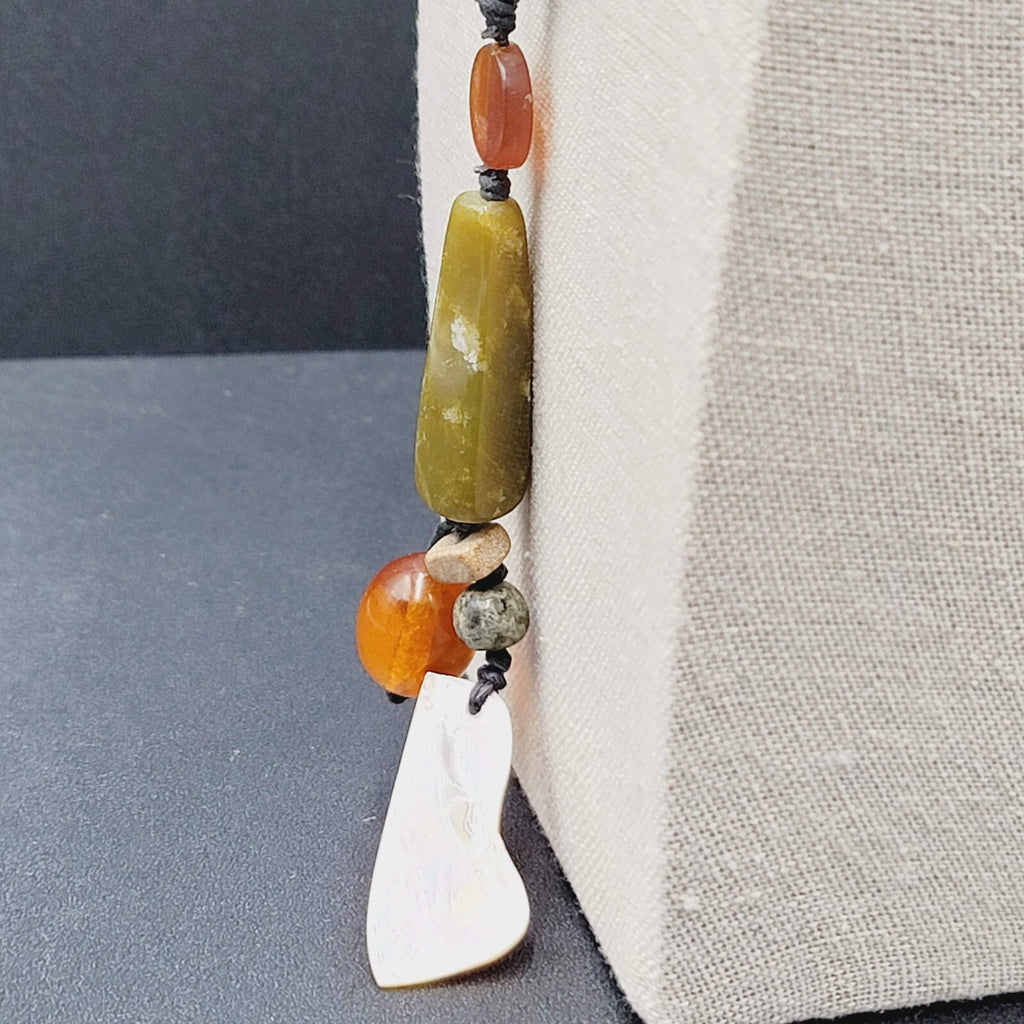 Necklace Glass Bead Shell Gemstone Bead on Black Cord 21"