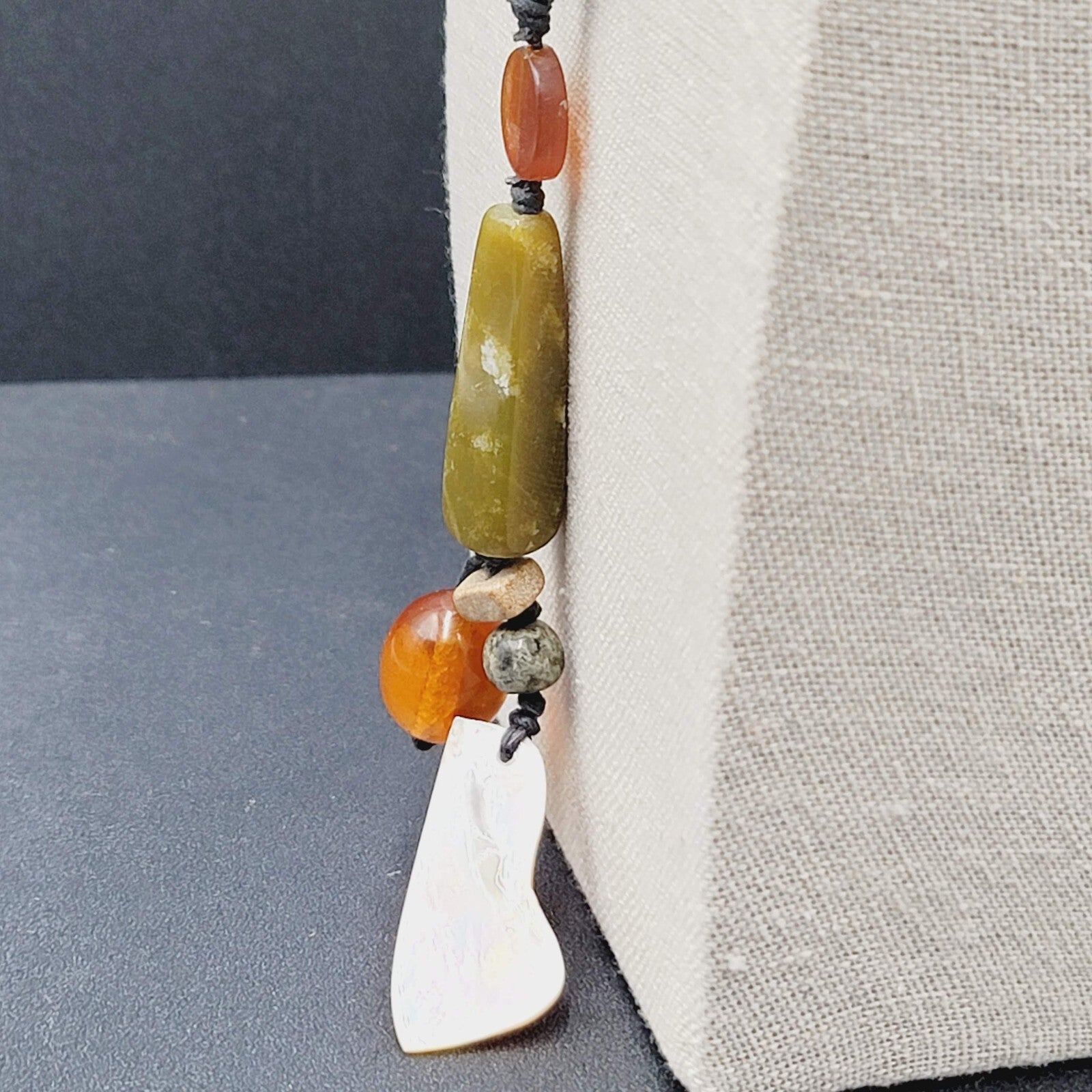 Necklace Glass Bead Shell Gemstone Bead on Black Cord 21"