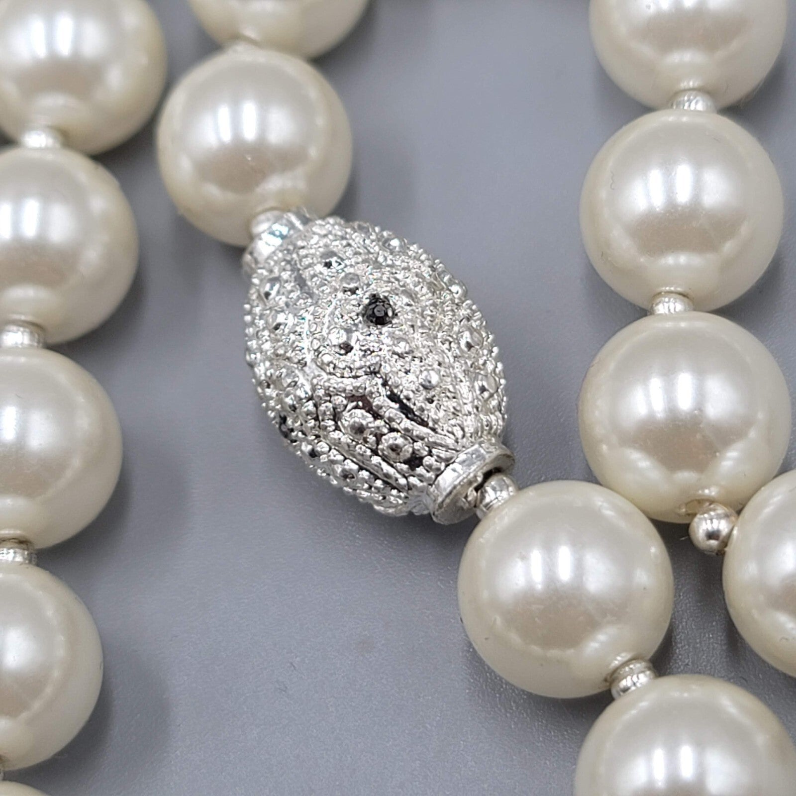 White Beads Silver tone Rhinestone Necklace and Bracelet Set Faux Pearl