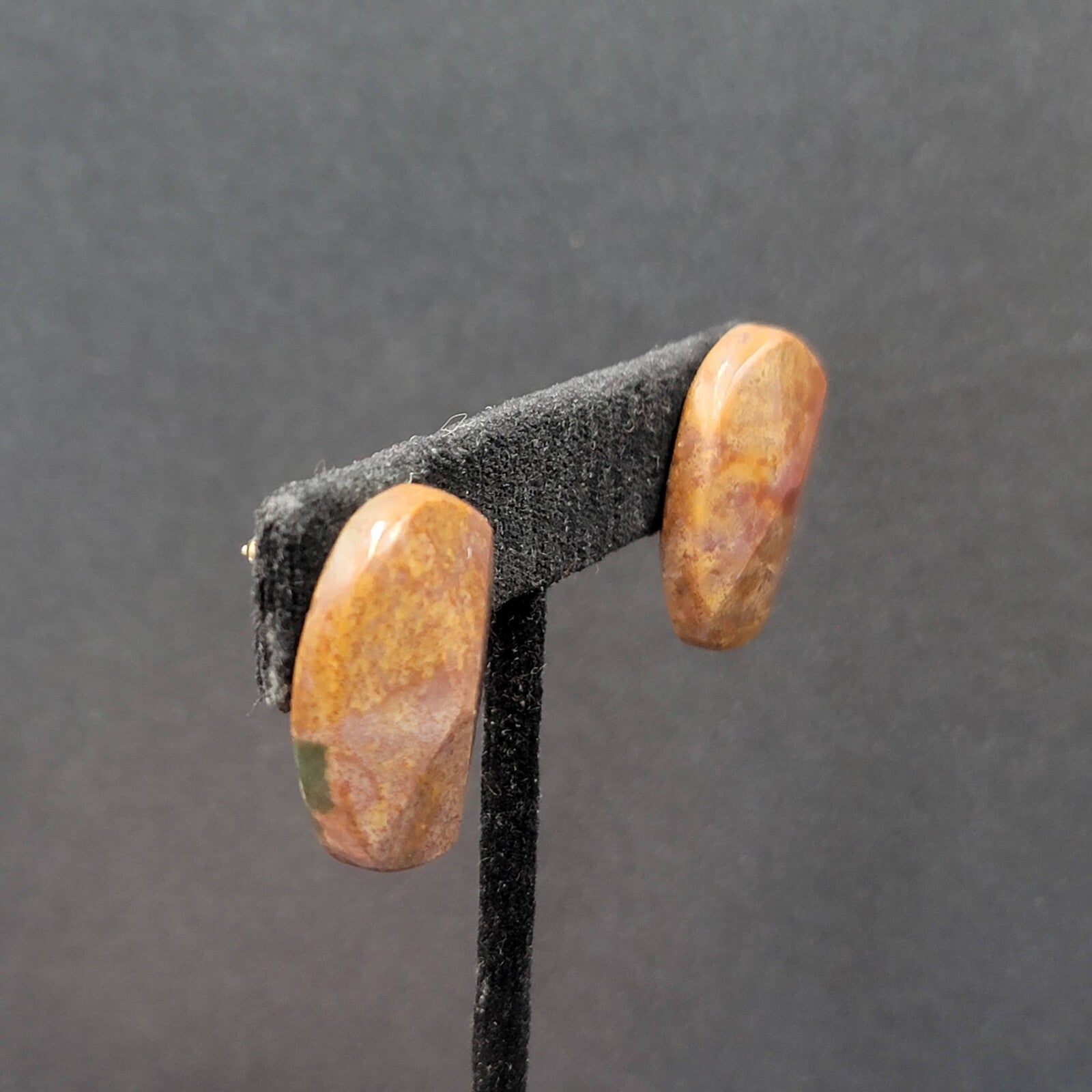 Vintage Pierced Earrings Brown Stone Oval Drop 1"