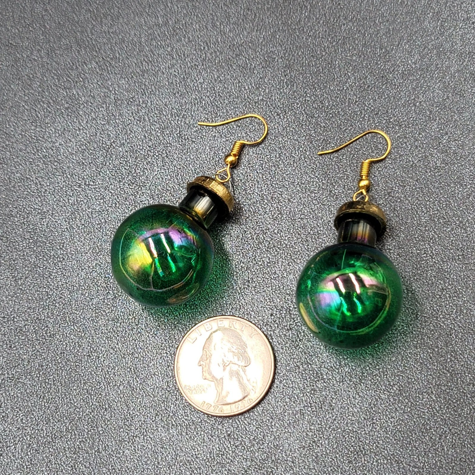 Christmas Pierced Earrings Green Glass Ornament Dangle 1.25"