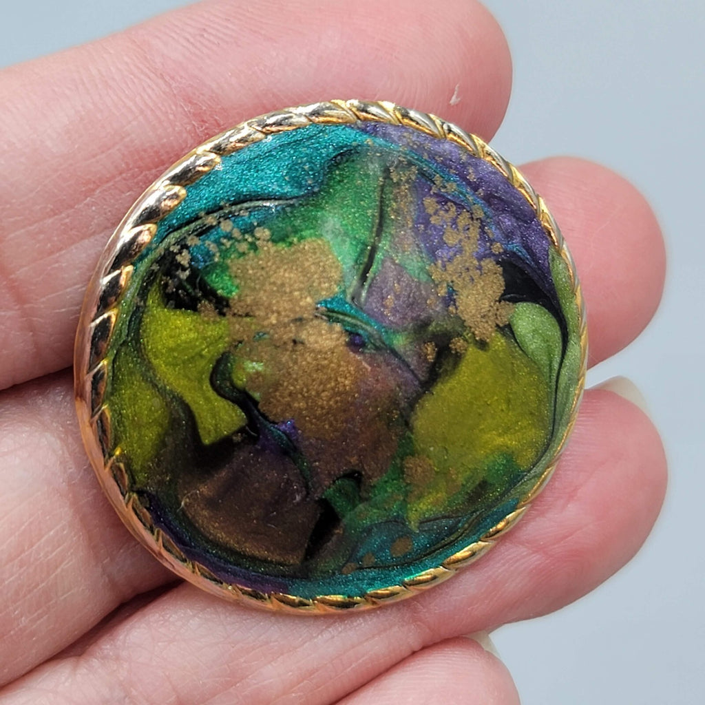Vintage Green Purple Enamel Pierced Earrings Gold tone Round Drop 1.25"