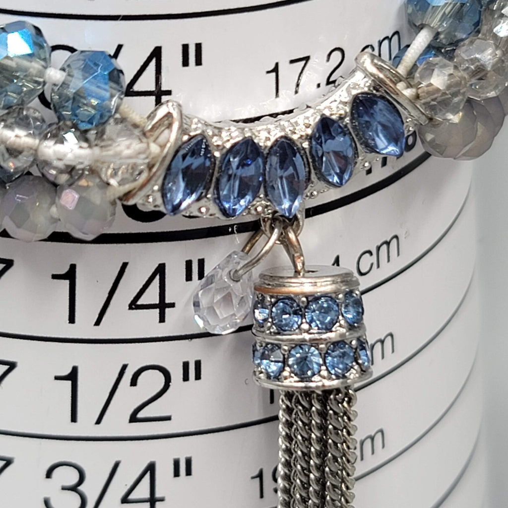 Blue Crystal Rhinestone Bracelet Layered Bead Elastic Silver tone Tassel Chains