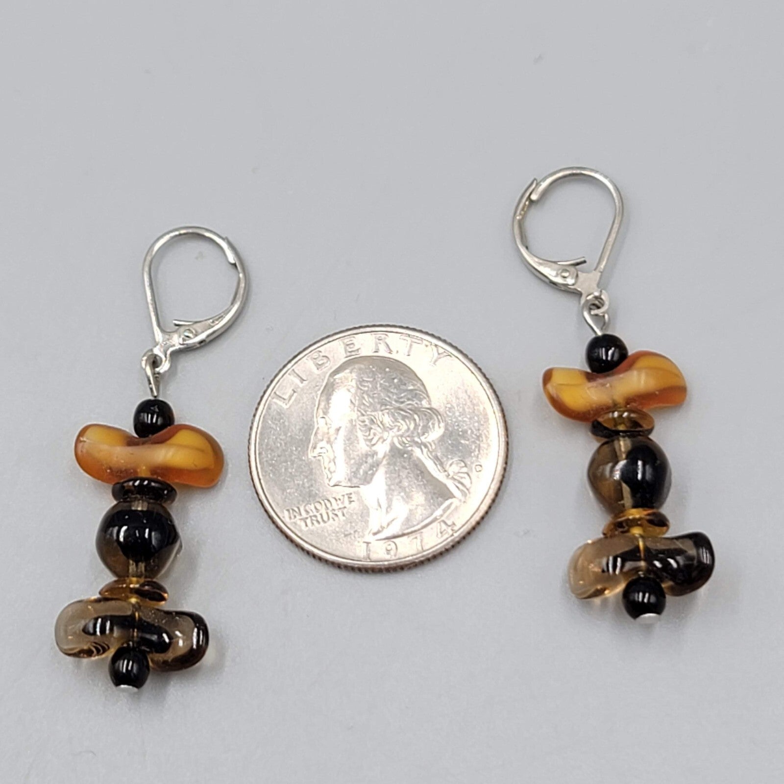 Glass Bead Pierced Earrings Variegated Browns Leverback Dangle Silver tone 1.25"