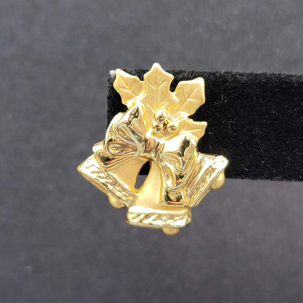 Christmas Bells Pierced Earrings Gold tone Holly Drop 7/8"