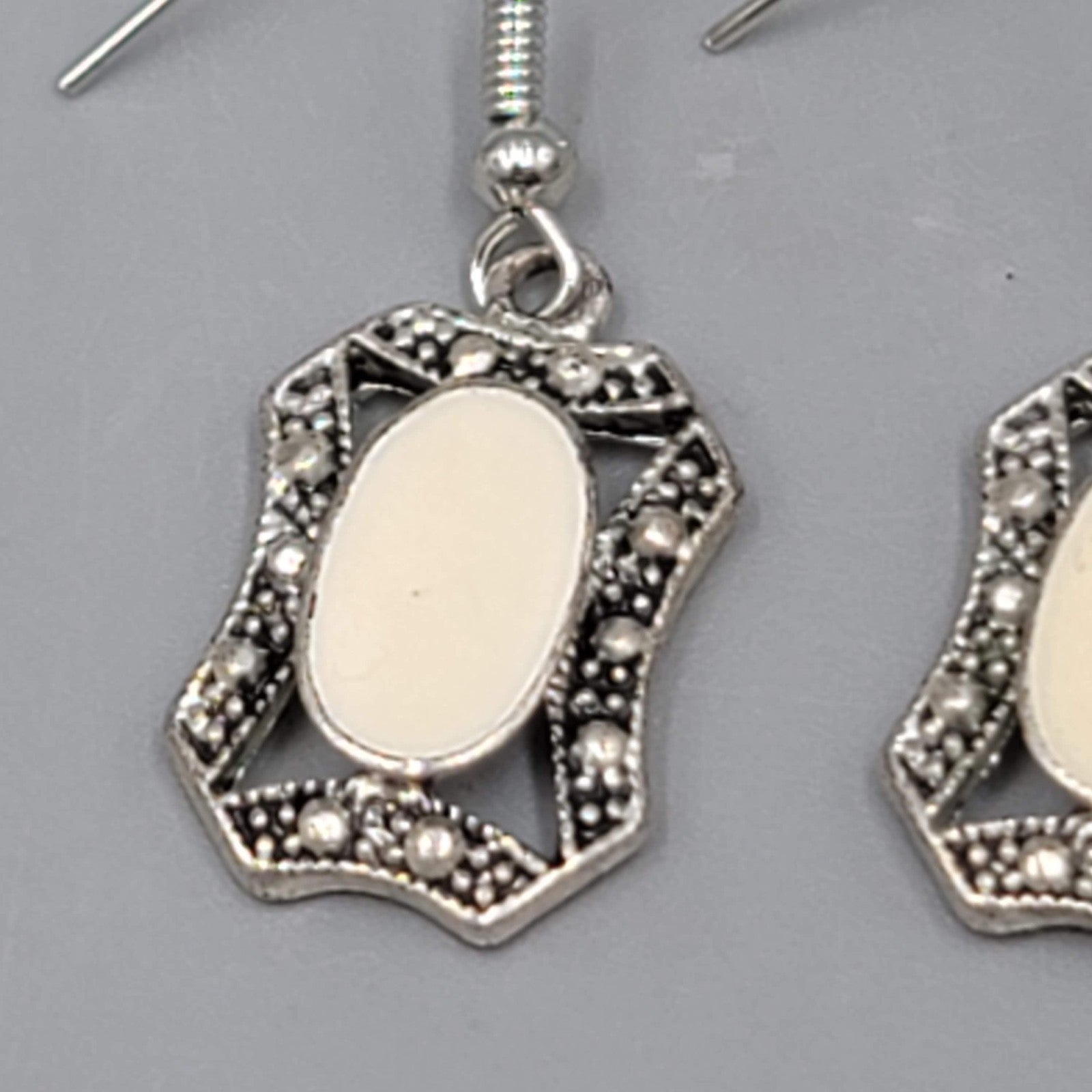 Pierced Cream Enamel Earrings Silver tone Dangle  3/4"