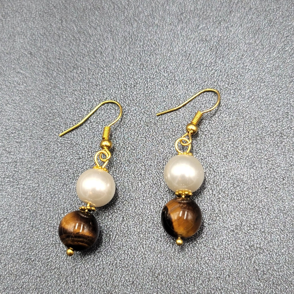 Pierced Earrings Tigers Eye Stone Faux Pearl Bead Dangle 1 1/8"