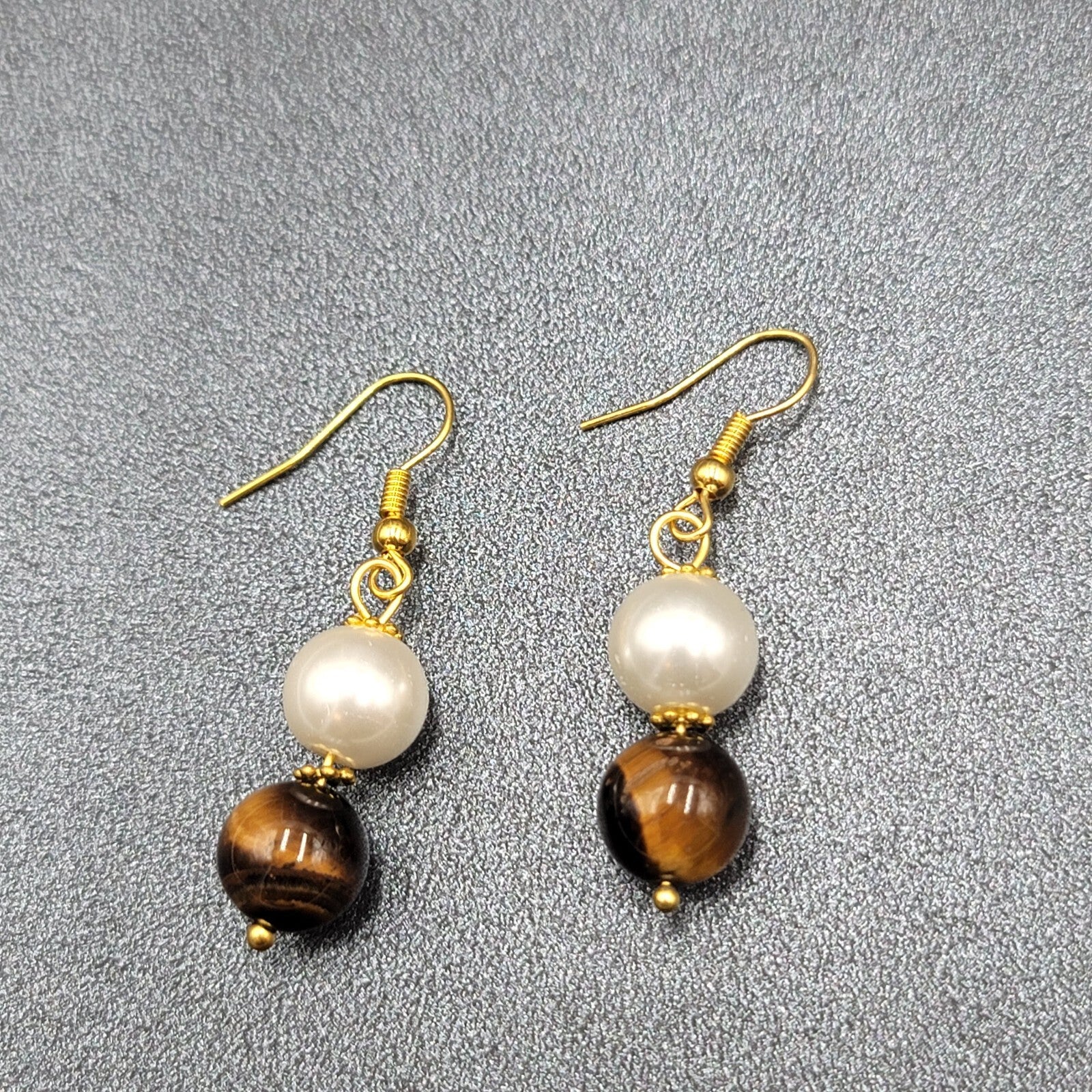 Pierced Earrings Tigers Eye Stone Faux Pearl Bead Dangle 1 1/8"