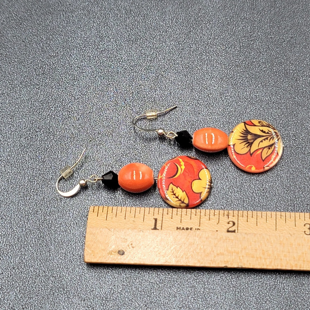 Pierced Earrings Orange Black Beads Flower Mother of Pearl Dangle 1 5/8"