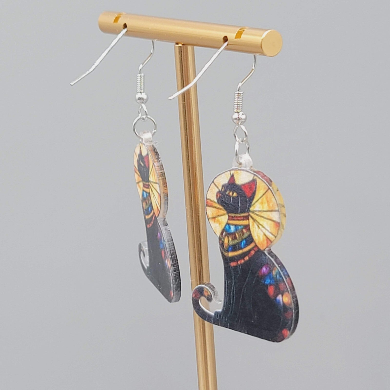 Egyptian Kitty Cat Sun Ray Pierced Earrings Stained Glass Look Acrylic 1.5"