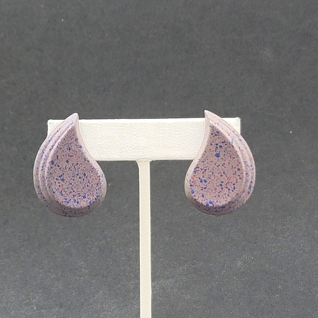 Vintage Pierced Earrings Purple Speckle Enamel Paisley Teardrop 1.5"