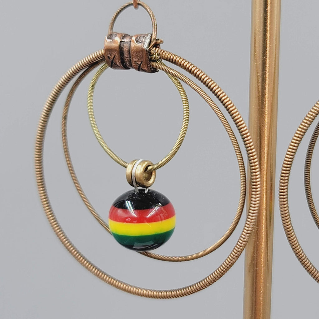 Guitar String Pierced Earrings Copper tone Multicolor Bead Dangle 1.75"