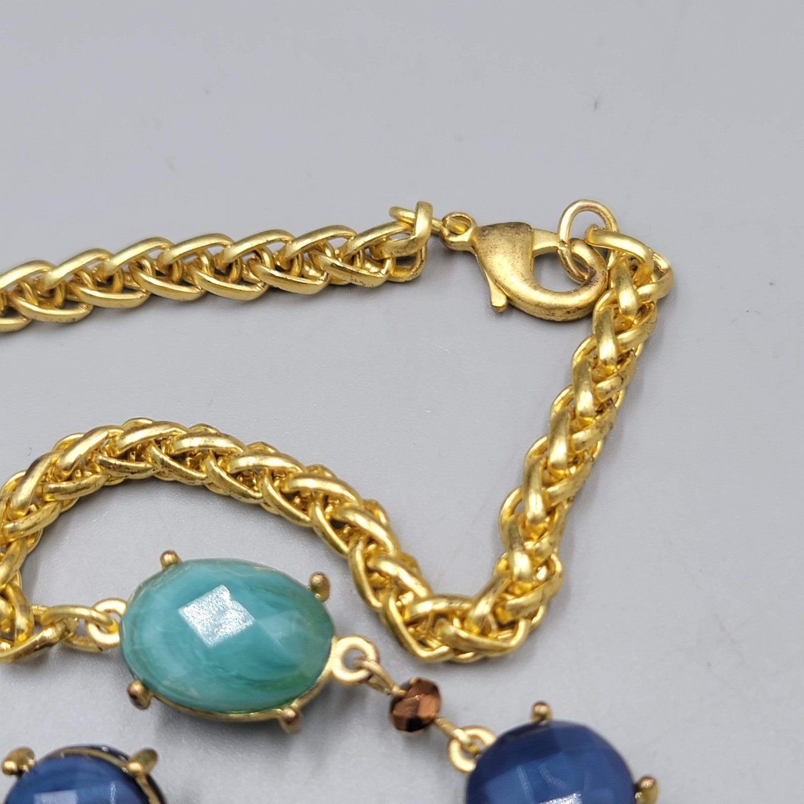 Necklace Bright Gold tone Blue Bead Long 36"