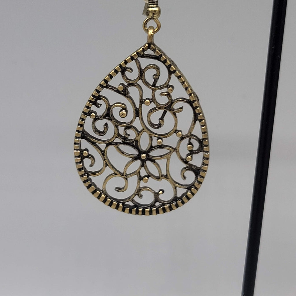 Pierced Earrings Bronze tone Filigree Teardrop Dangle 1.5"