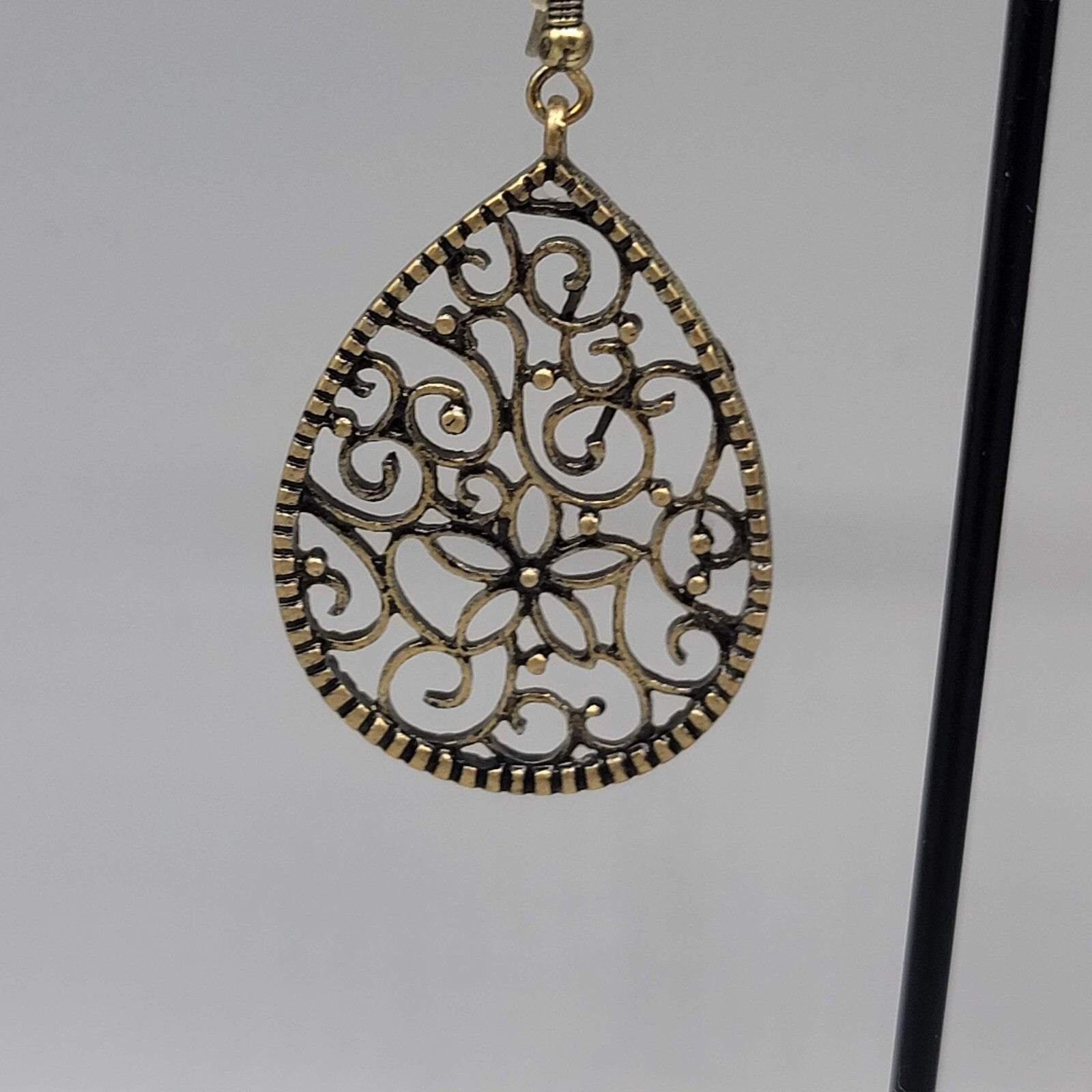 Pierced Earrings Bronze tone Filigree Teardrop Dangle 1.5"