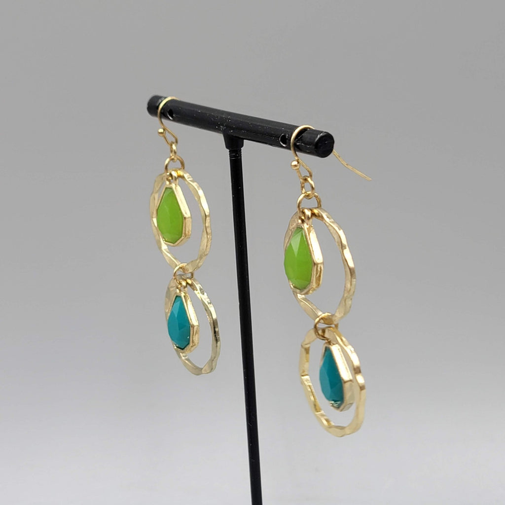 Double Ring Green Blue Pierced Earrings Gold tone Dangle 2 in