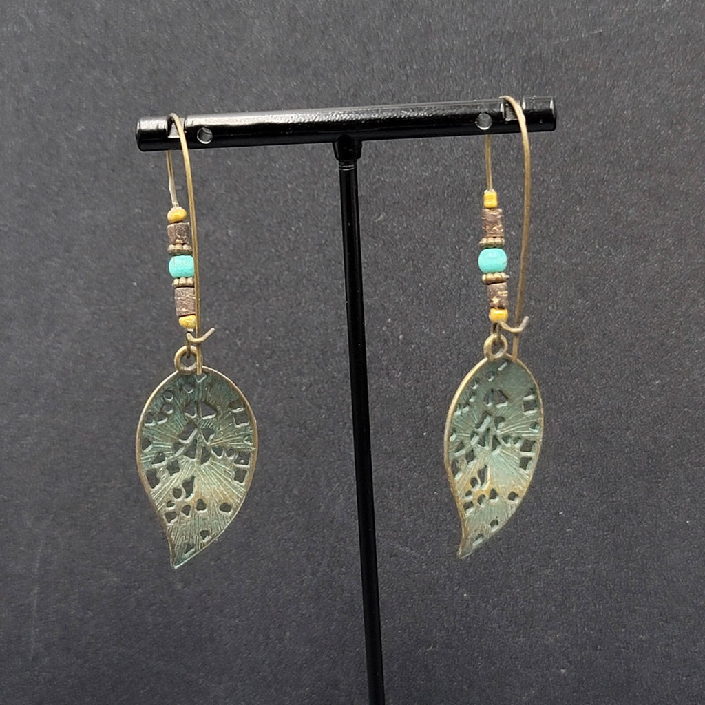Boho Pierced Earrings Bronze tone Faux Patina Leaf Beaded 2.75"
