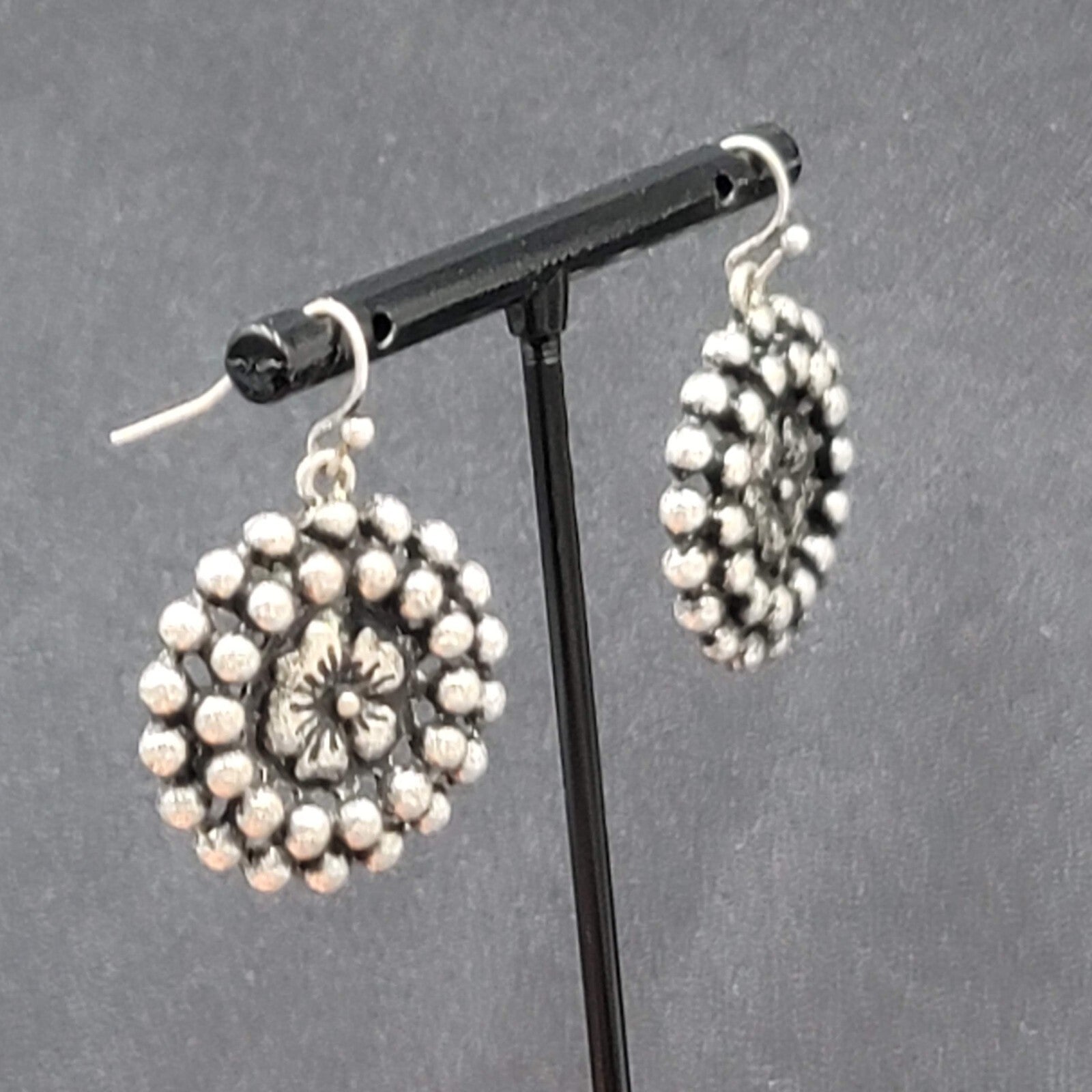 Pierced Earrings Silver tone Flower Beaded Round Dangle 1"