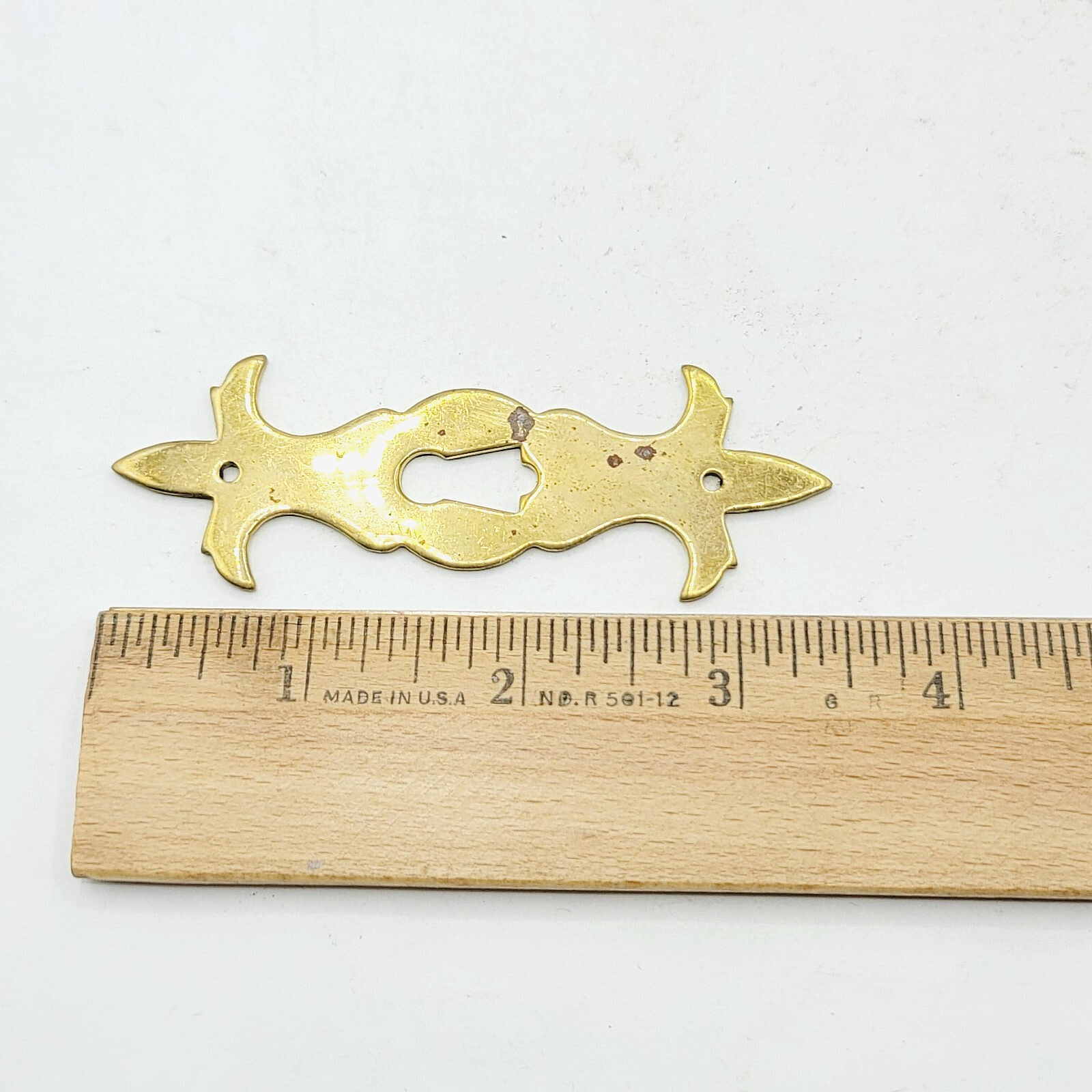 Vintage Brass Ornate Skeleton Key hole Escutcheon Salvage 3 1/2" x 1 3/16"