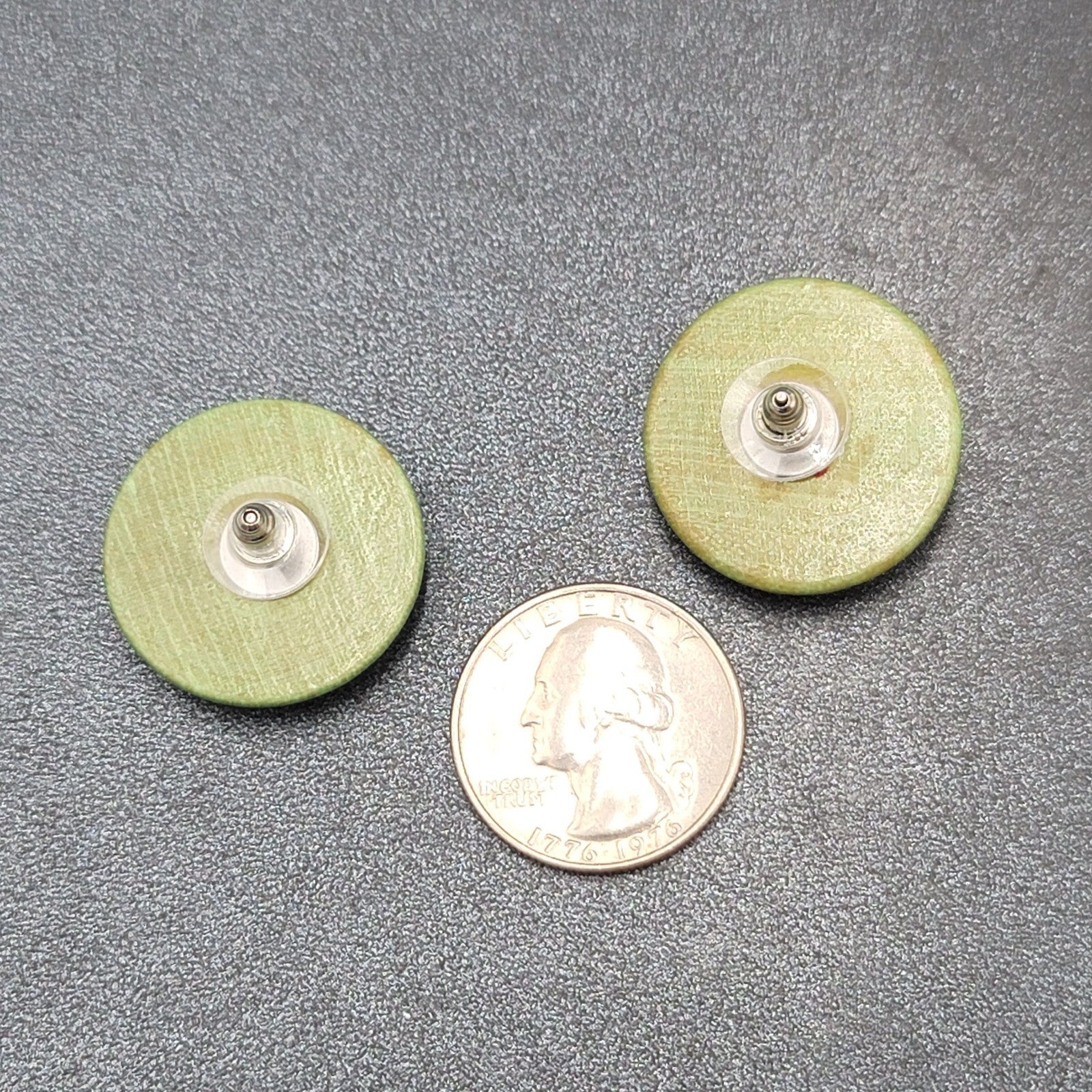 Vintage Pierced Earrings Stained Green Wood Disc Drop 1"