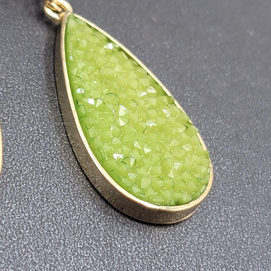 Pierced Earrings Gold tone Green Druzy Style Statement Dangle 2.25"