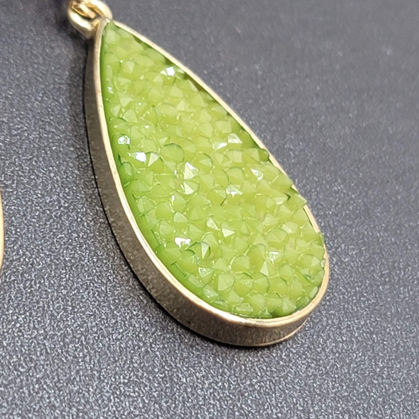 Pierced Earrings Gold tone Green Druzy Style Statement Dangle 2.25"