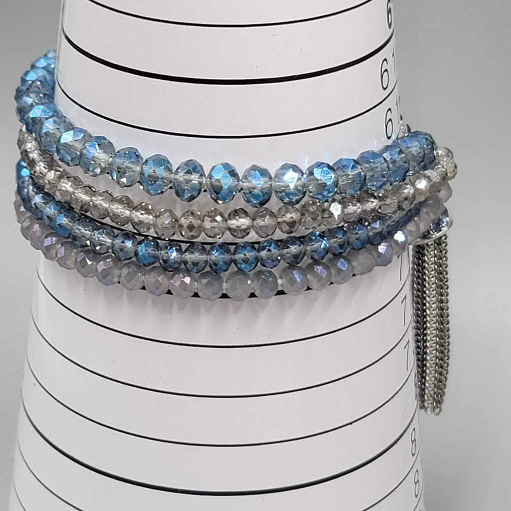 Blue Crystal Rhinestone Bracelet Layered Bead Elastic Silver tone Tassel Chains