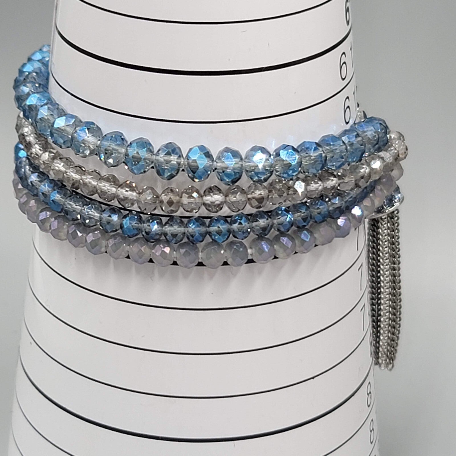 Blue Crystal Rhinestone Bracelet Layered Bead Elastic Silver tone Tassel Chains