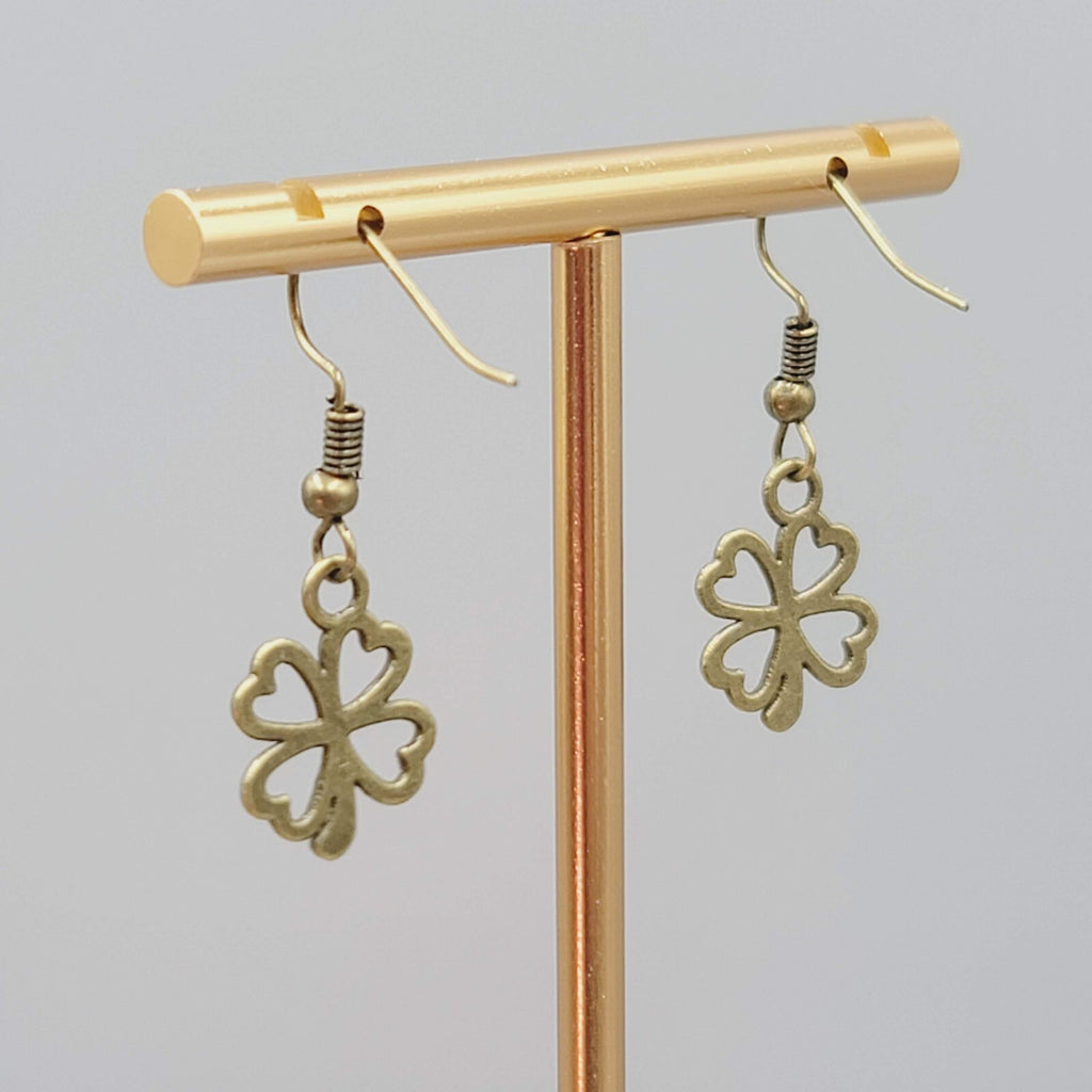 Lucky Shamrock 4 Leaf Clover Pierced Earrings Bronze tone Dangle 5/8"