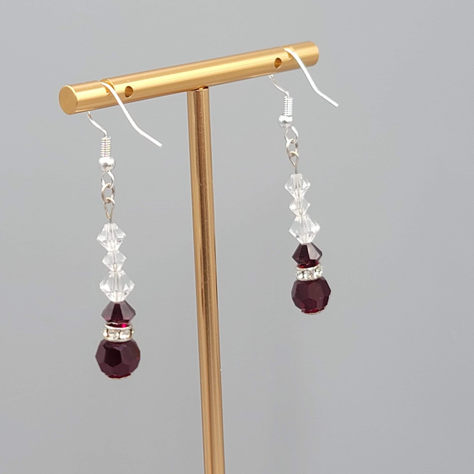 Red Clear Crystal Bead Pierced Earrings Silver tone Dangle 1.25"