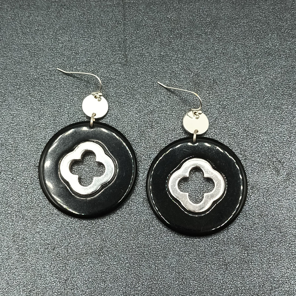 Pierced Earrings Silver tone Black Acrylic Circle Statement Dangle 2"