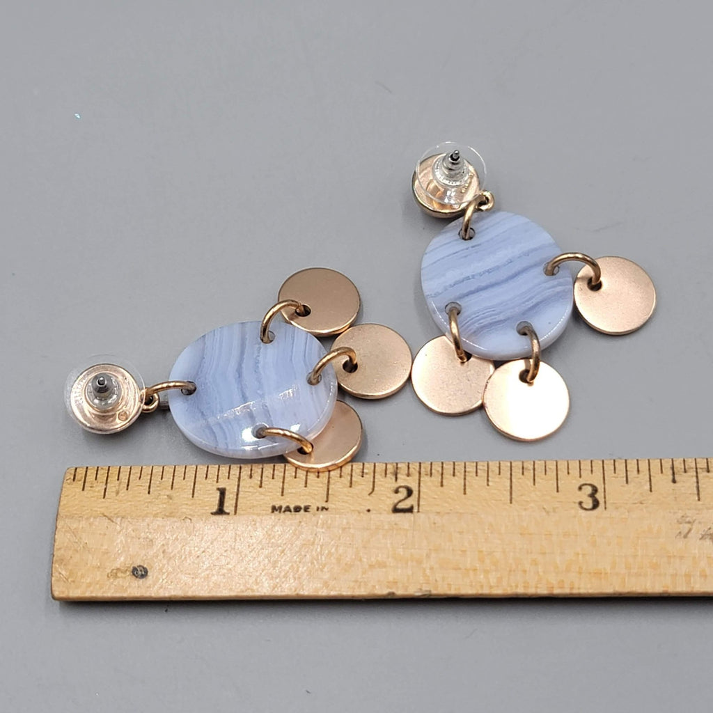 Modern Dangle Earrings Gold Tone Discs Blue Lace Agate Look Boho Chic Pierced 2"