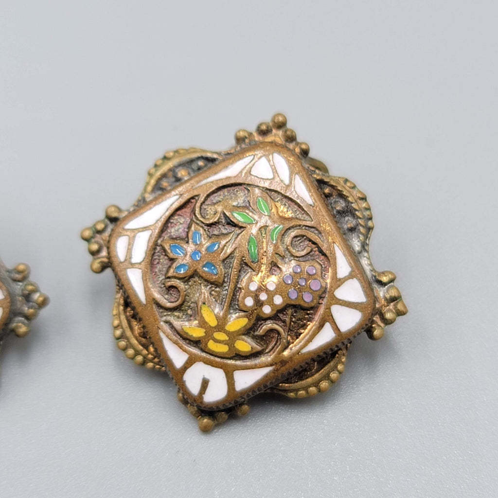 Antique Vintage Flower Enamel Clip on Earrings Brass Gold tone Square 7/8"