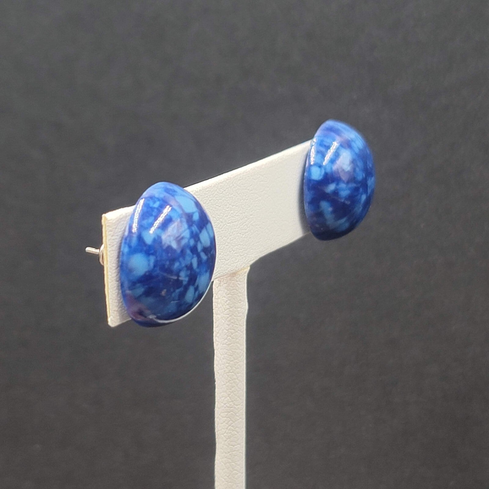 Vintage Pierced Earrings Blue Speckled Dome Studs 5/8"