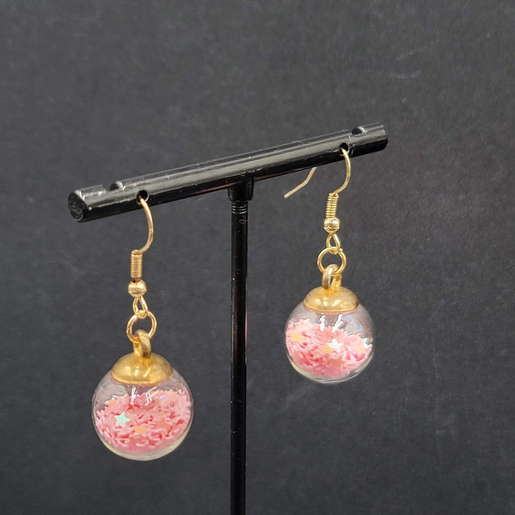 Pierced Earrings Silver tone Pink Star Confetti Glass Dangle 3/4"