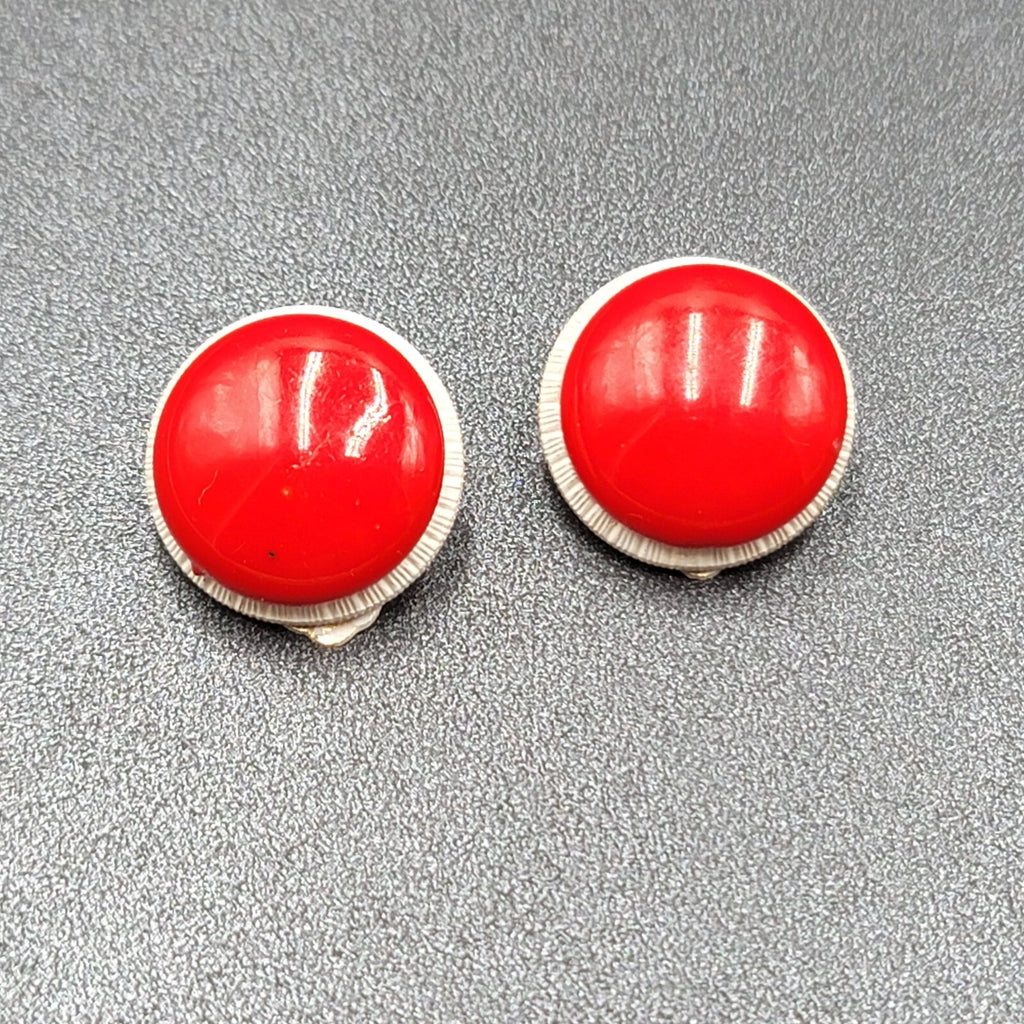 Vintage Clip on Earrings Gold tone Red White Dome Round Studs Hong Kong 7/8"