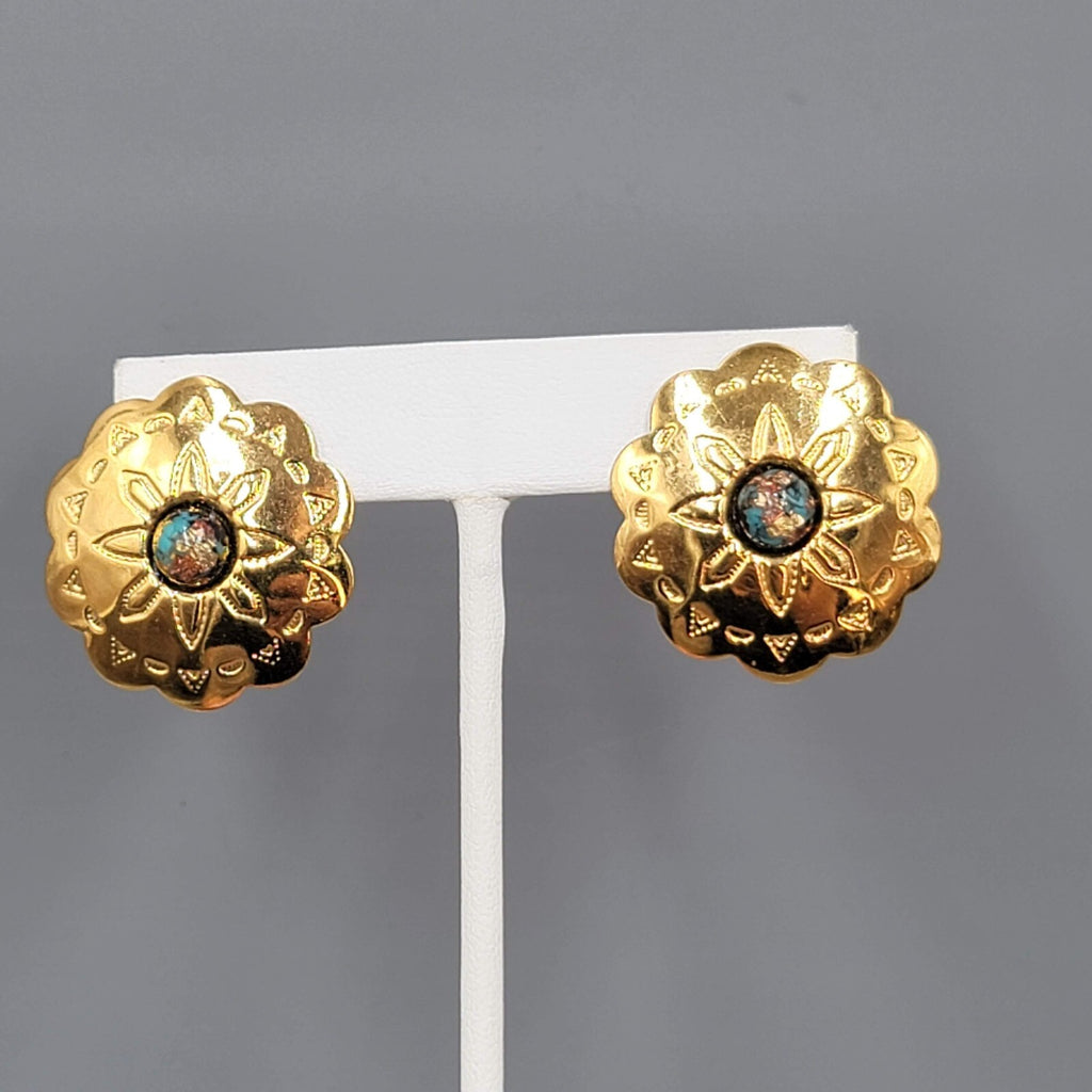Vintage Southwest Concho Pierced Earrings Gold tone Foil Center Drop 1 1/8"