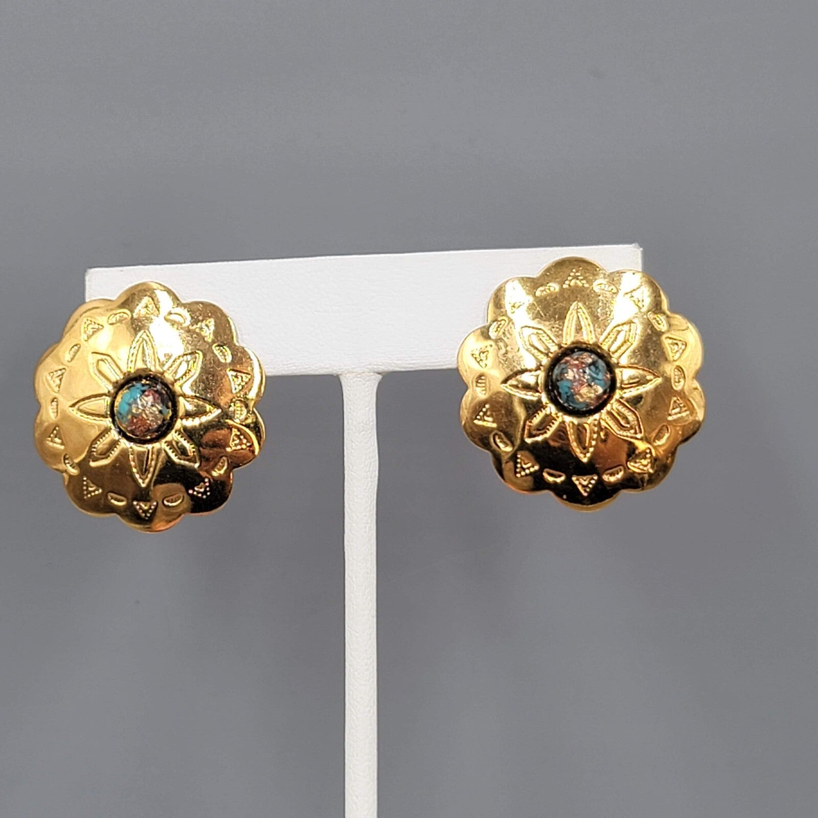 Vintage Southwest Concho Pierced Earrings Gold tone Foil Center Drop 1 1/8"