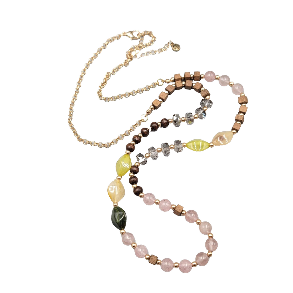 Long Stone Glass Bead Necklace Gold tone Multicolor 34-37"