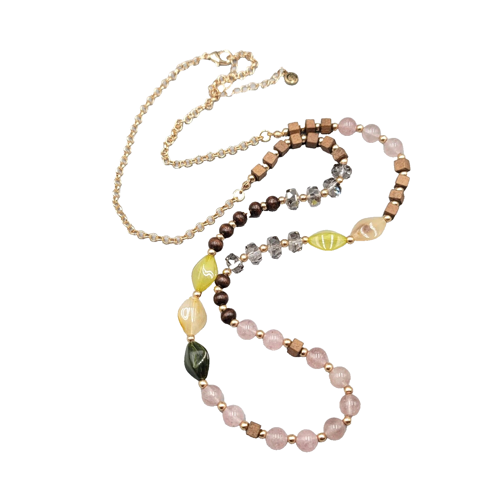 Long Stone Glass Bead Necklace Gold tone Multicolor 34-37"