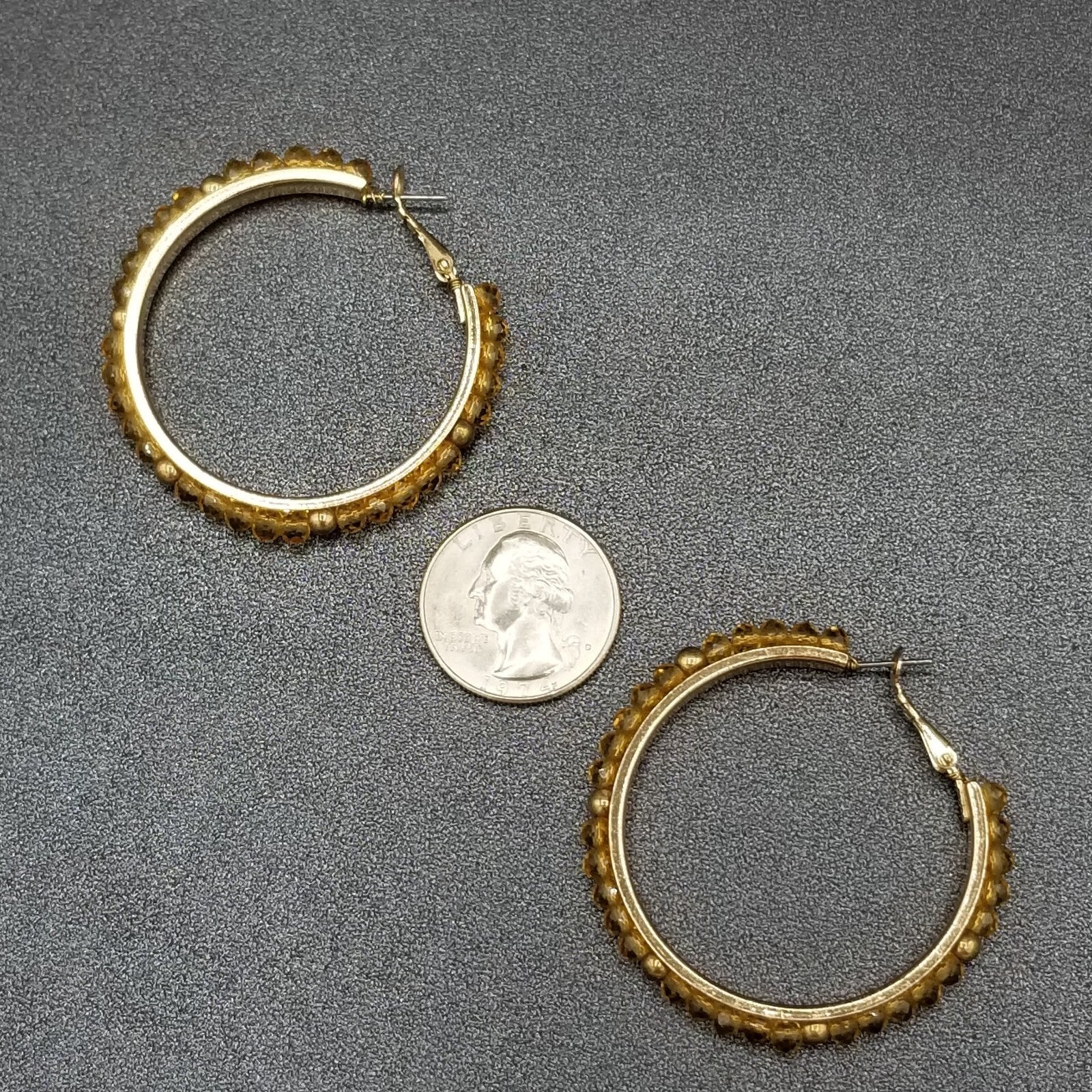 Pierced Earrings Gold tone Faceted Beaded Hoops 2"