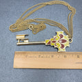 Vintage Large Enamel Key Pendant Necklace Goldtone Multi Strand Chain 21"