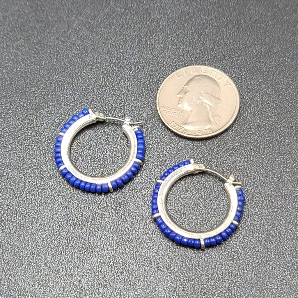 Pierced Earrings Silver tone Blue Seed Bead Hoops 1"