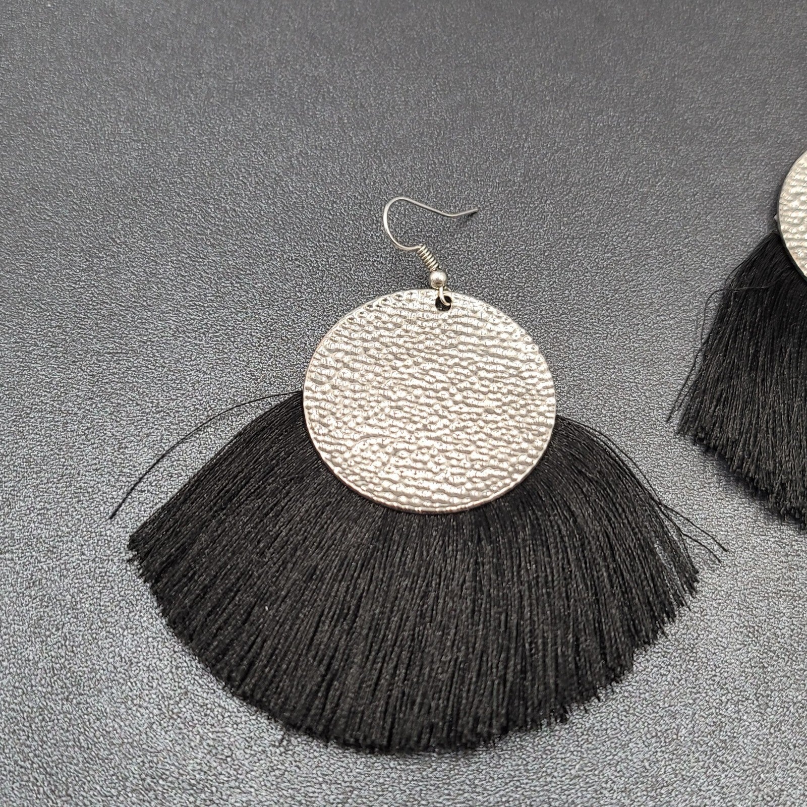 Pierced Earrings Silver tone Black Tassel Statement Dangle 2.5"