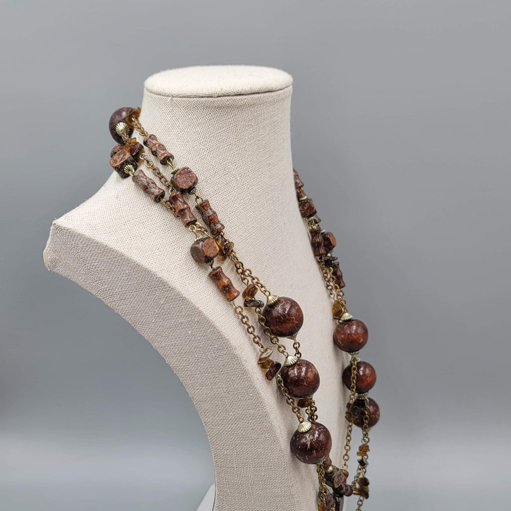 Vintage Wood Bead Necklace Amber Chip Extra Long 72"